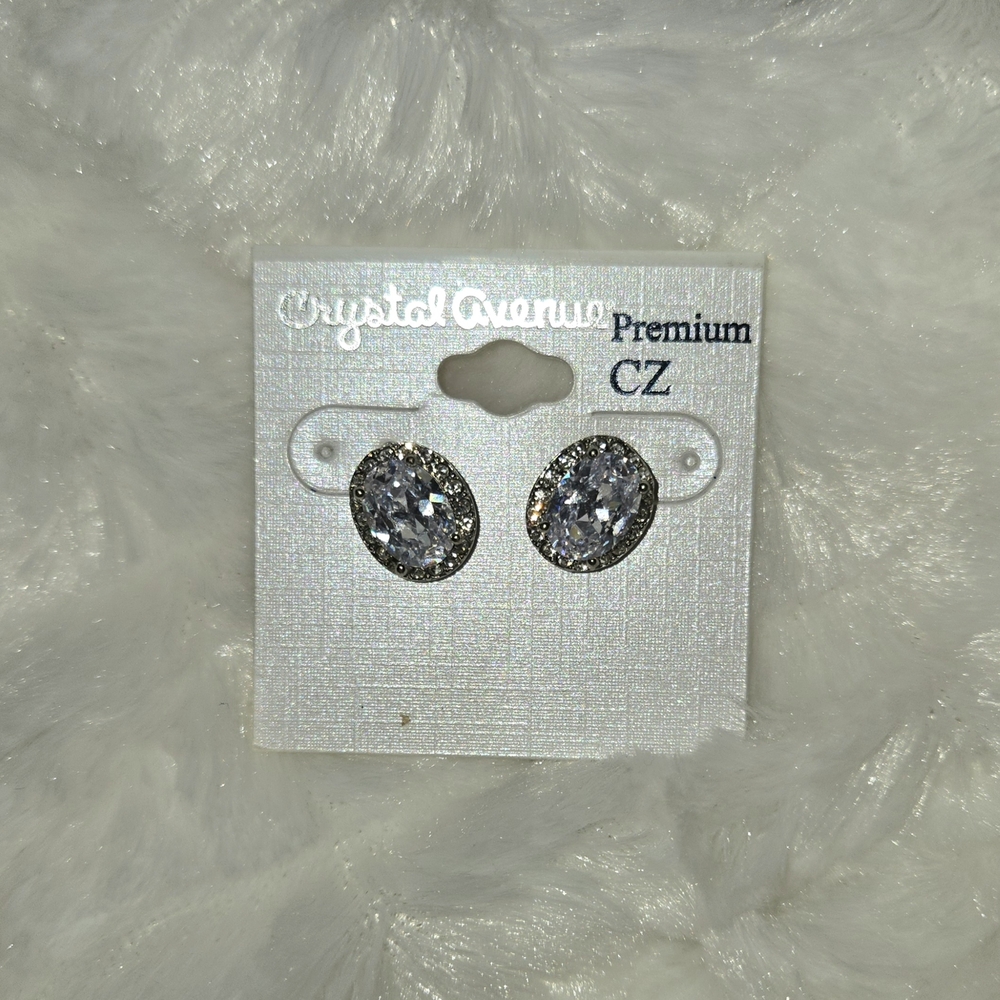 Crystal Avenue Premium CZ Silver Oval With Halo Pierced Earrings